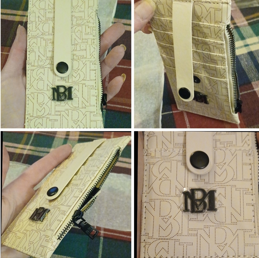 Badgley Mischka Cream Monogram Credit Card Holder Case With Tab + Zipper Pocket